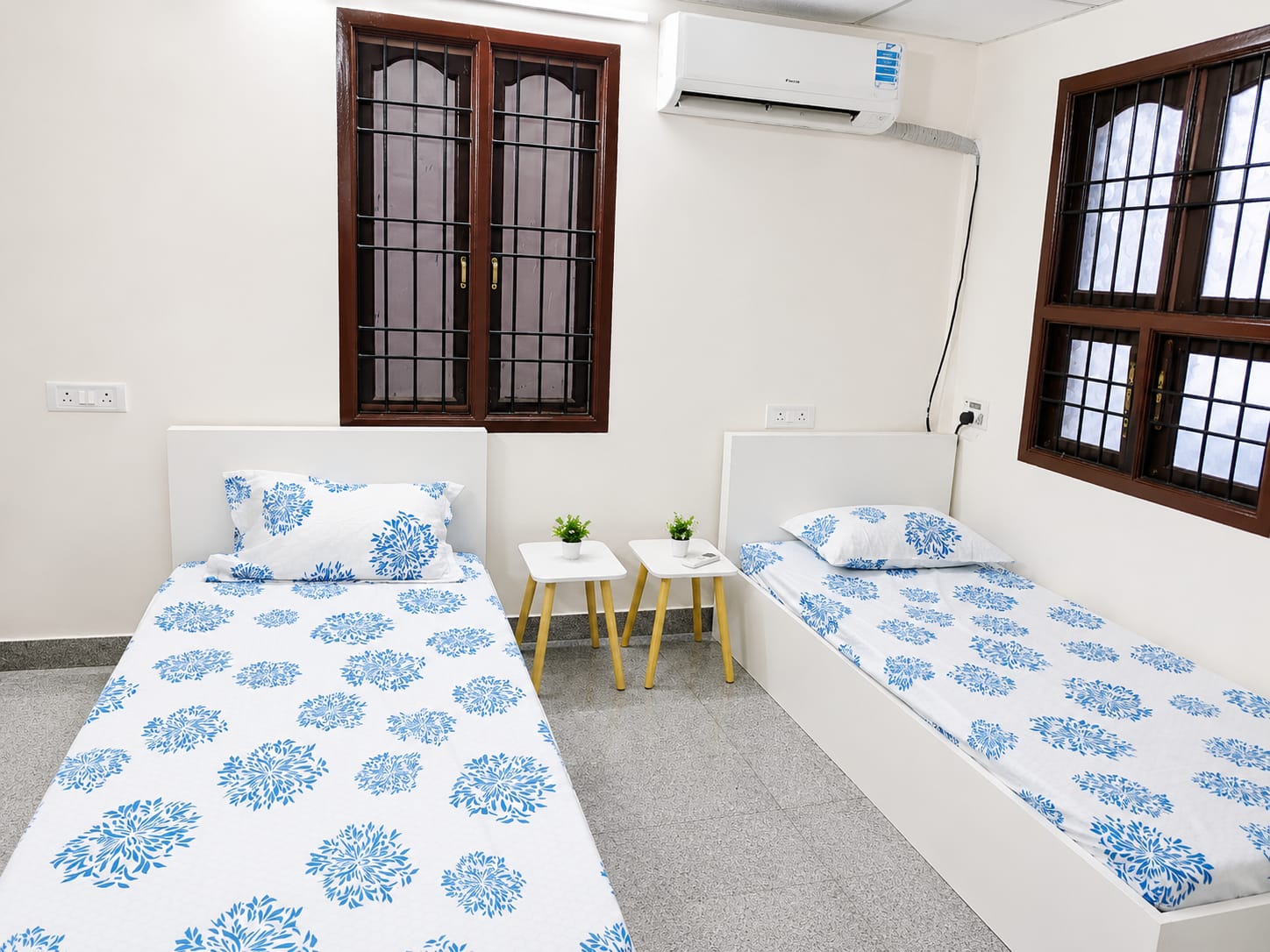 5-sharing room with indigo bedding, AC and large windows